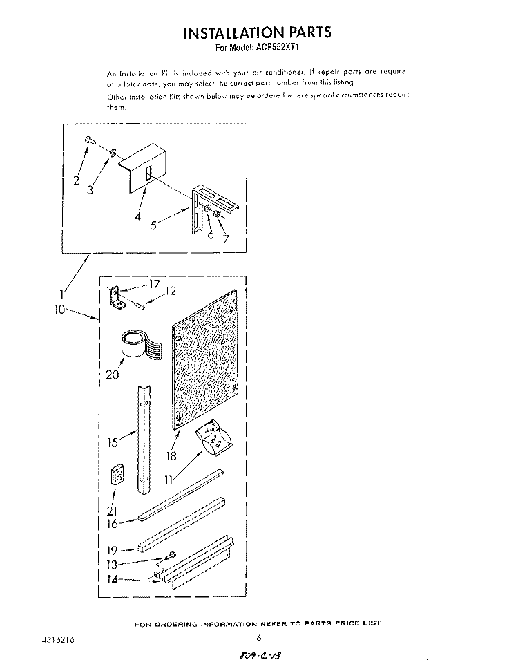 INSTALLATION Diagram and Parts List for ACP552XT1  Whirlpool Air Conditioner