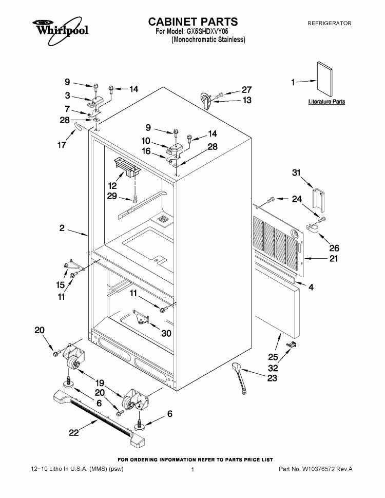 CABINET PARTS Diagram and Parts List for GX5SHDXVY05  Whirlpool Refrigerator