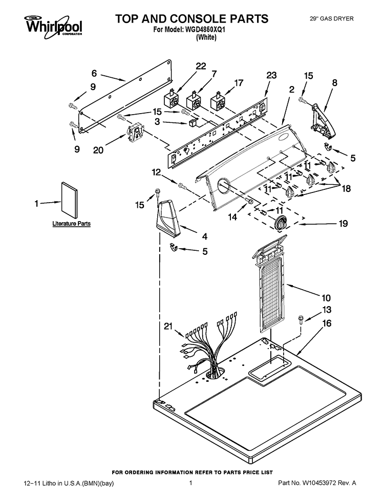 TOP AND CONSOLE PARTS Diagram and Parts List for WGD4850XQ1  Whirlpool Dryer
