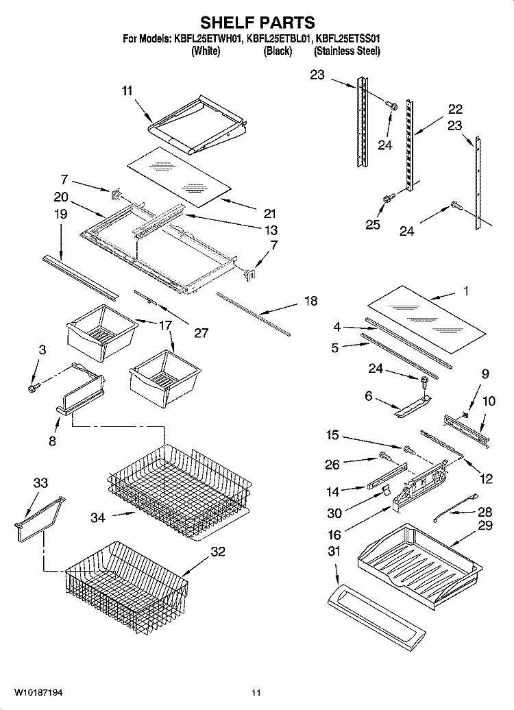 SHELF PARTS Diagram and Parts List for KBFL25ETWH01  KitchenAid Refrigerator