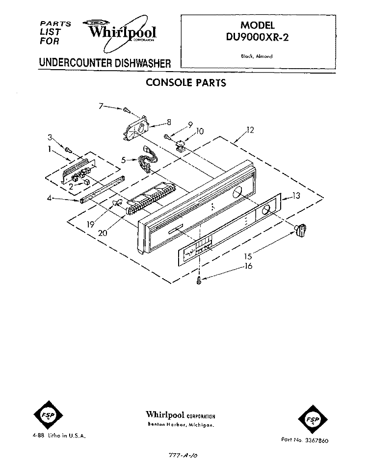 CONSOLE Diagram and Parts List for DU9000XR2  Whirlpool Dishwasher