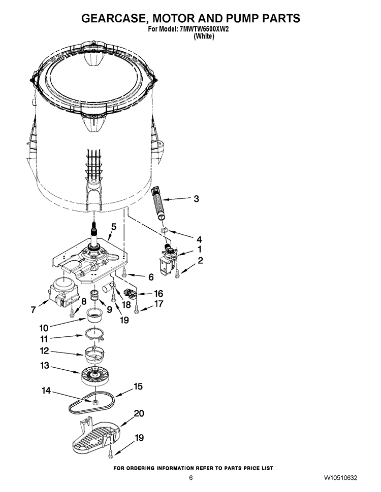 GEARCASE, MOTOR AND PUMP PARTS Diagram and Parts List for 7MWTW5500XW2  Whirlpool Washer