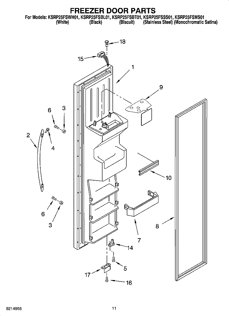 FREEZER DOOR PARTS Diagram and Parts List for KSRP25FSSS01  KitchenAid Refrigerator