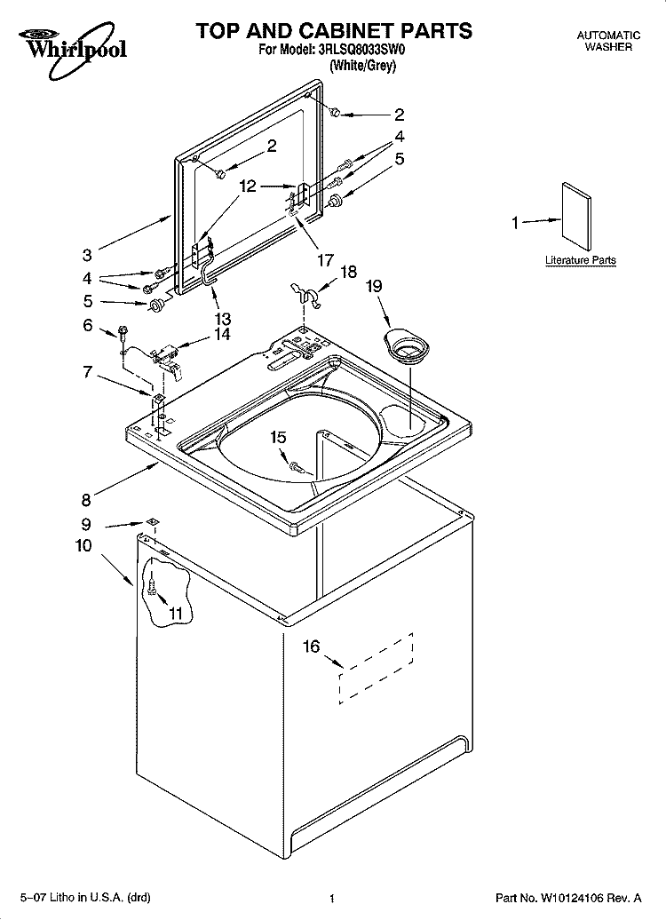 TOP AND CABINET PARTS Diagram and Parts List for 3RLSQ8033SW0  Whirlpool Washer