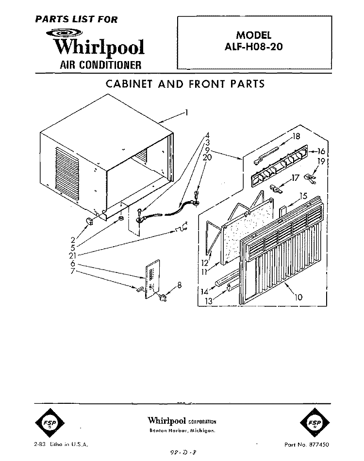 SECTION Diagram and Parts List for ALFH0820  Whirlpool Air Conditioner