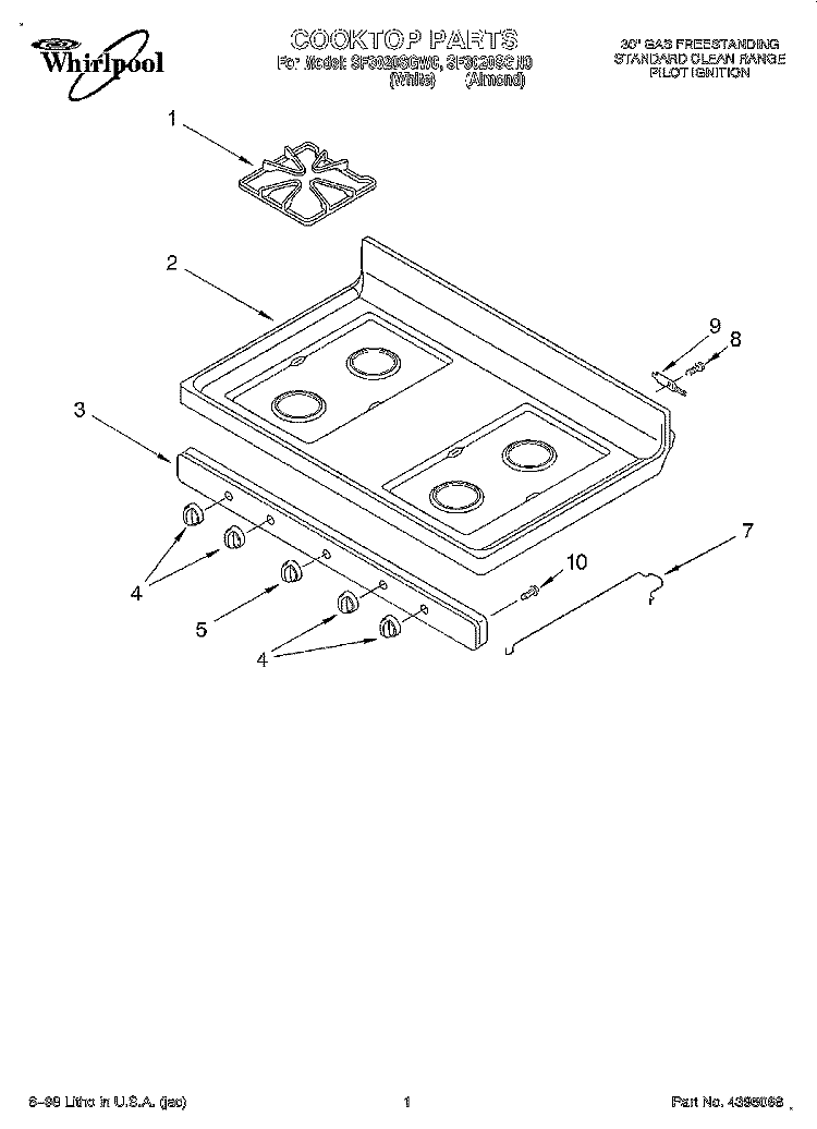 COOKTOP Diagram and Parts List for SF3020SGW0  Whirlpool Range