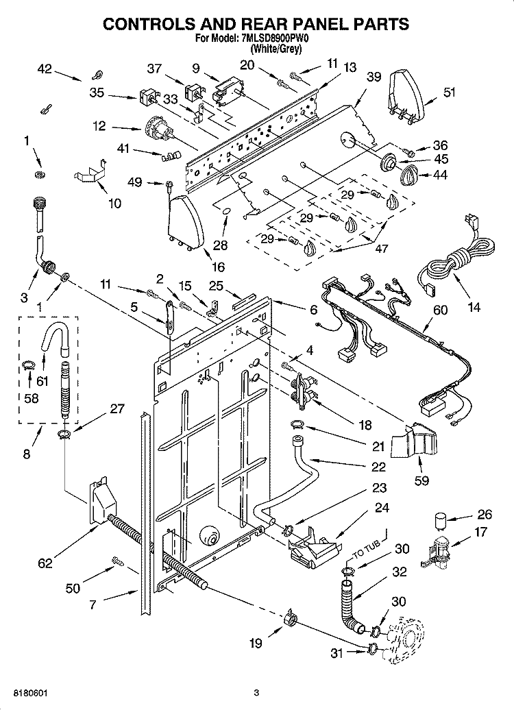 CONTROLS AND REAR PANEL PARTS Diagram and Parts List for 7MLSD8900PW0  Whirlpool Washer