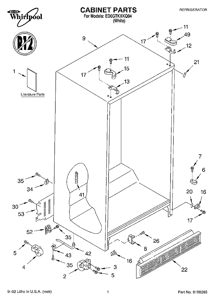 CABINET, LITERATURE Diagram and Parts List for ED0GTKXKQ04  Whirlpool Refrigerator
