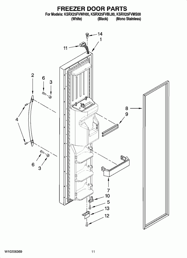 FREEZER DOOR PARTS Diagram and Parts List for KSRX25FVMS00  KitchenAid Refrigerator