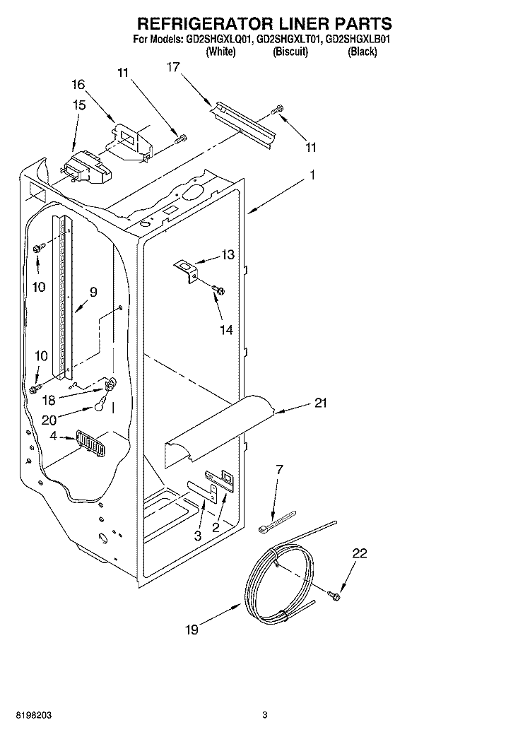 REFRIGERATOR LINER Diagram and Parts List for GD2SHGXLQ01  Whirlpool Refrigerator
