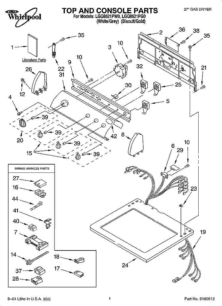 TOP AND CONSOLE PARTS Diagram and Parts List for LGQ8621PG0  Whirlpool Dryer