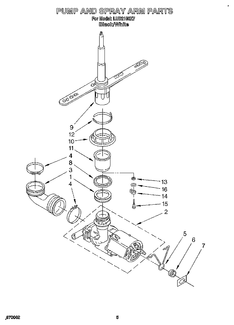 PUMP AND SPRAY ARM Diagram and Parts List for LUD2100X7  Whirlpool Dishwasher