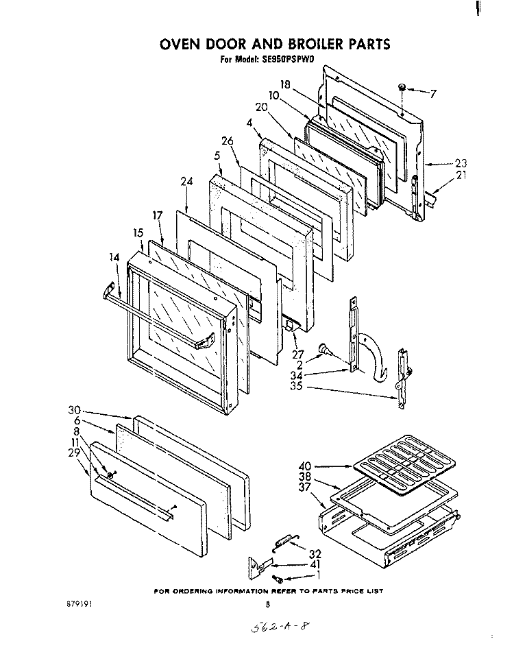 OVEN DOOR AND BROILER Diagram and Parts List for SE950PSPW0  Whirlpool Range
