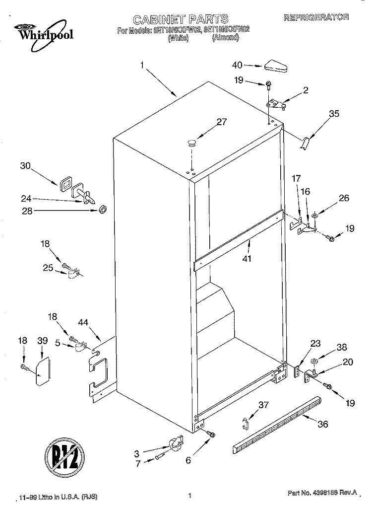 CABINET Diagram and Parts List for 8ET18NKXFW02  Whirlpool Refrigerator