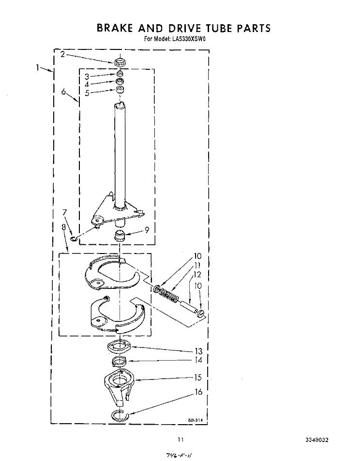 BRAKE AND DRIVE TUBE Diagram and Parts List for LA5330XSW0  Whirlpool Washer