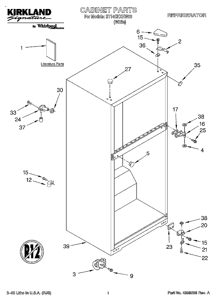 CABINET, LITERATURE Diagram and Parts List for ST14CKXHW00  Whirlpool Refrigerator