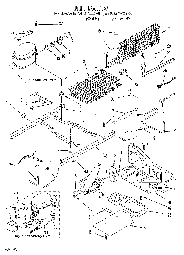 UNIT Diagram and Parts List for ET20ZKXAW01  Whirlpool Refrigerator