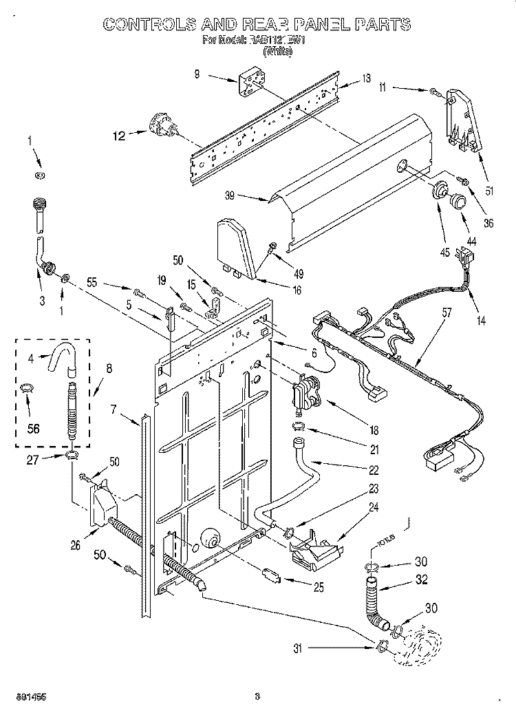CONTROLS AND REAR PANEL Diagram and Parts List for RAB1121EW1  Roper Washer