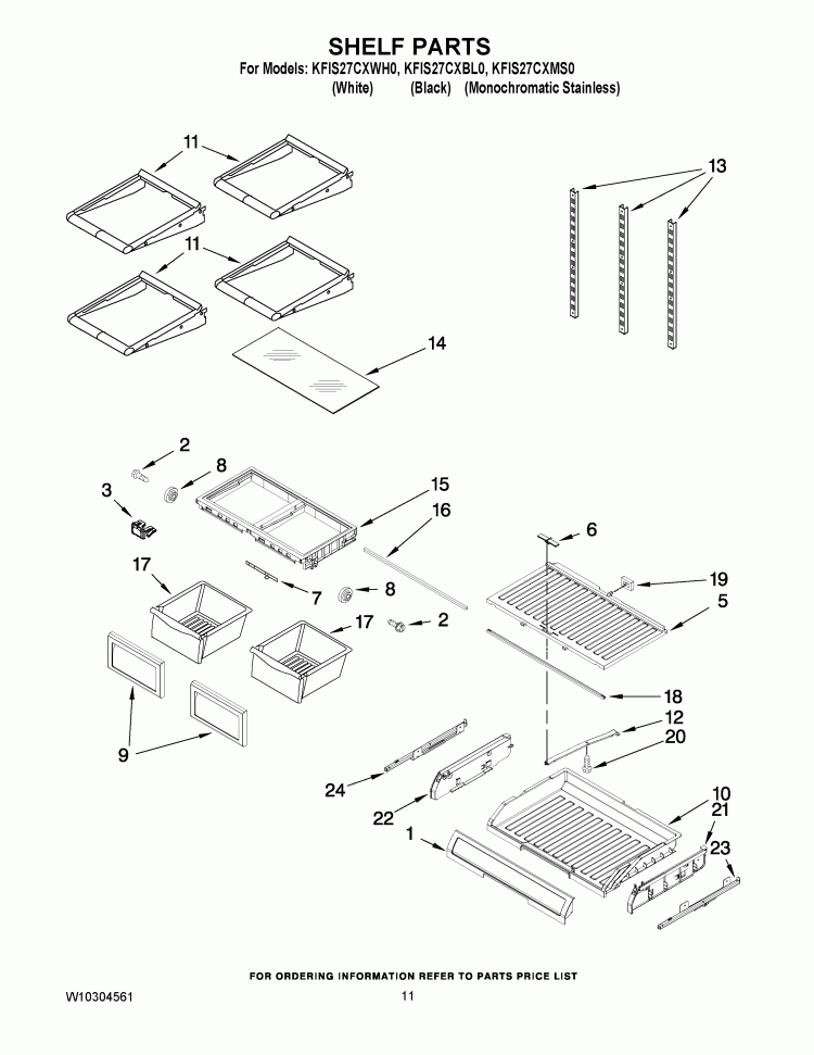 SHELF PARTS Diagram and Parts List for KFIS27CXWH0  KitchenAid Refrigerator