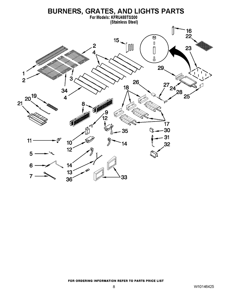 BURNERS, GRATES, AND LIGHTS PARTS Diagram and Parts List for KFRU488TSS00  KitchenAid Grill