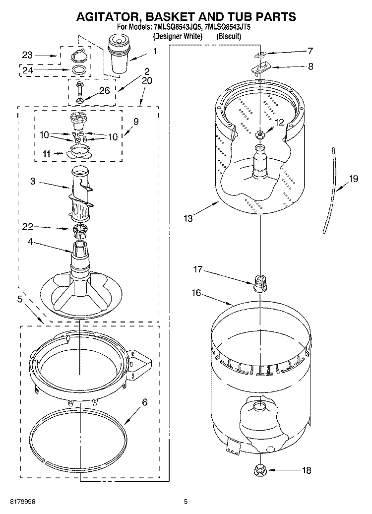 AGITATOR, BASKET AND TUB PARTS Diagram and Parts List for 7MLSQ8543JT5  Whirlpool Washer