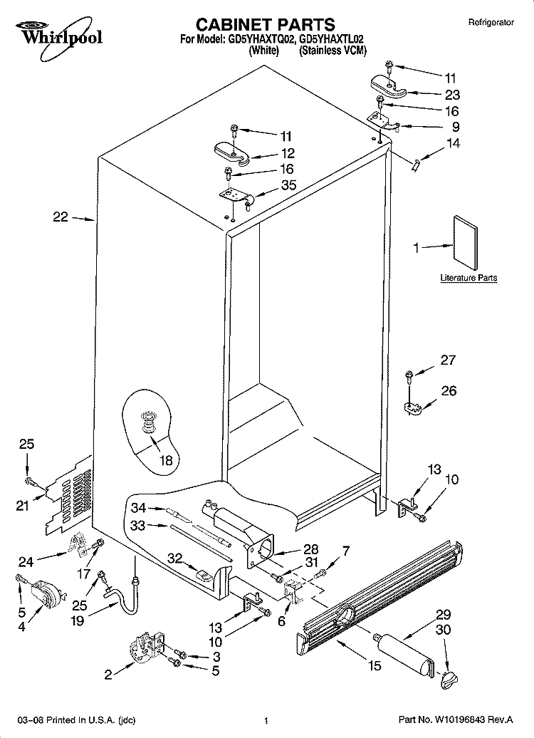 CABINET PARTS Diagram and Parts List for GD5YHAXTL02  Whirlpool Refrigerator