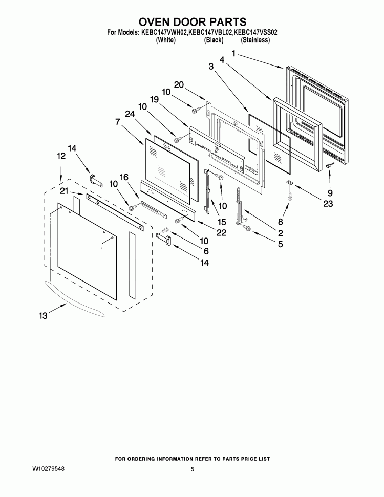 OVEN DOOR PARTS Diagram and Parts List for KEBC147VWH02  KitchenAid Wall Oven