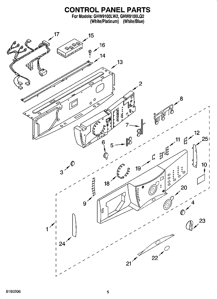 CONTROL PANEL PARTS Diagram and Parts List for GHW9100LW2  Whirlpool Washer