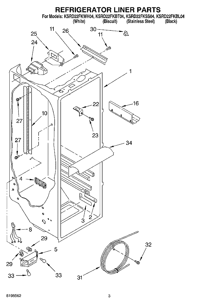 REFRIGERATOR LINER PARTS Diagram and Parts List for KSRD22FKBL04  KitchenAid Refrigerator