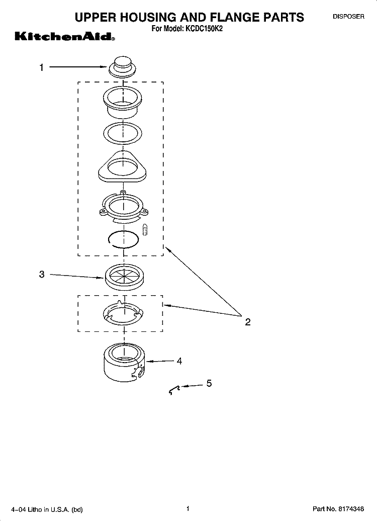 UPPER HOUSING AND FLANGE PARTS Diagram and Parts List for KCDC150K2  KitchenAid Food Waste Disposer