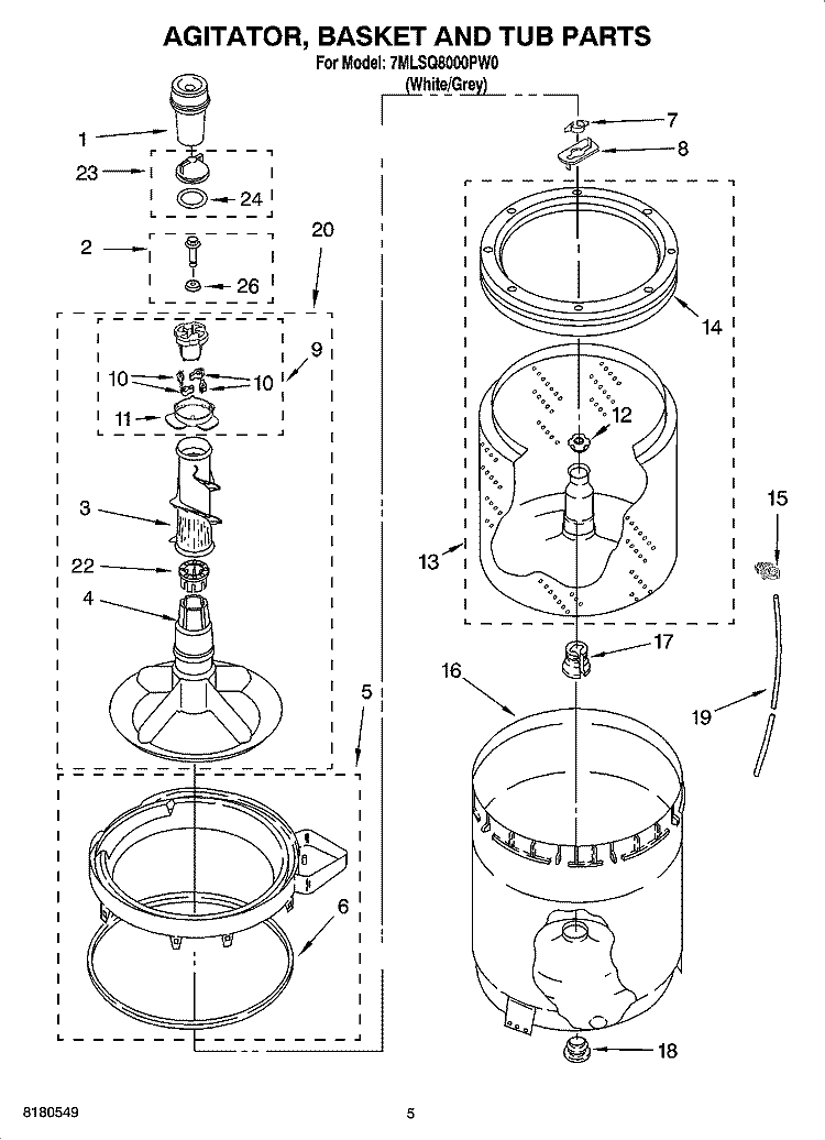 AGITATOR, BASKET AND TUB PARTS Diagram and Parts List for 7MLSQ8000PW0  Whirlpool Washer