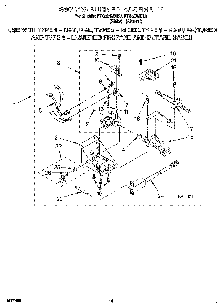 3401796 BURNER ASSEMBLY Diagram and Parts List for RTG5243BL0  Roper Washer Dryer Combo