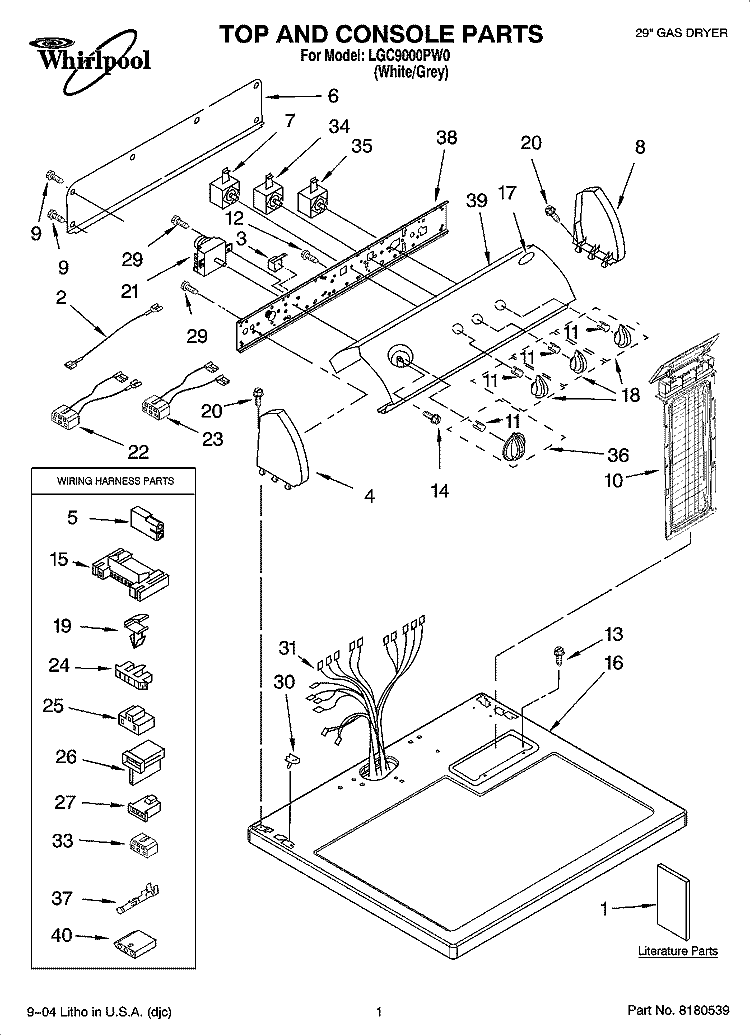 TOP AND CONSOLE PARTS Diagram and Parts List for LGC9000PW0  Whirlpool Dryer