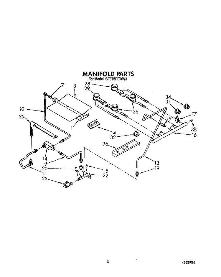 MANIFOLD Diagram and Parts List for SF375PEWN3  Whirlpool Range