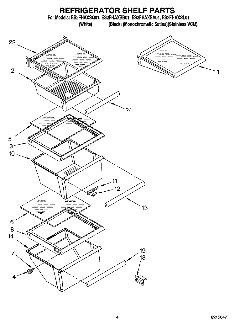 REFRIGERATOR SHELF PARTS Diagram and Parts List for ES2FHAXSL01  Whirlpool Refrigerator