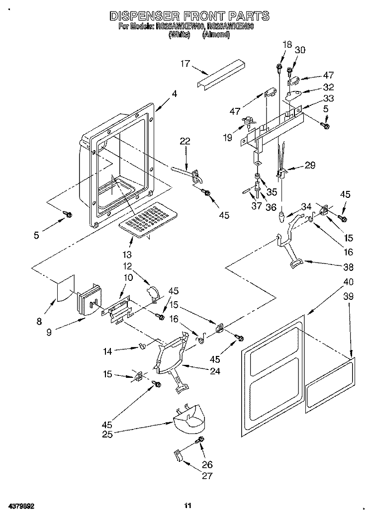 DISPENSER FRONT Diagram and Parts List for RS25AWXEW00  Roper Refrigerator