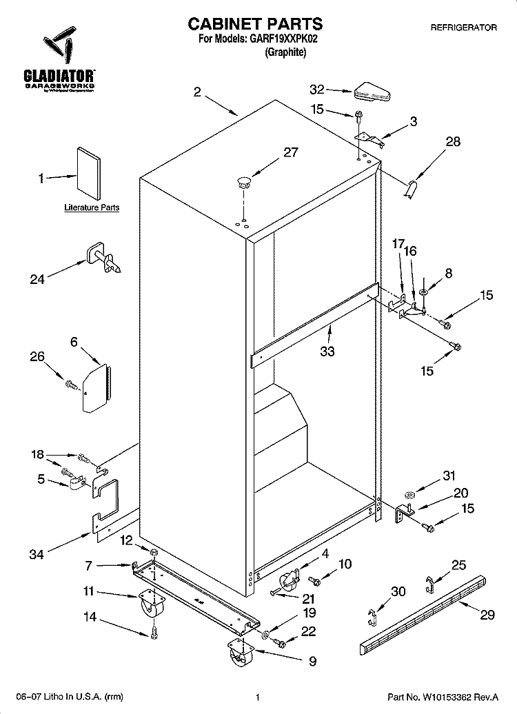 CABINET PARTS Diagram and Parts List for GARF19XXPK02  Whirlpool Refrigerator