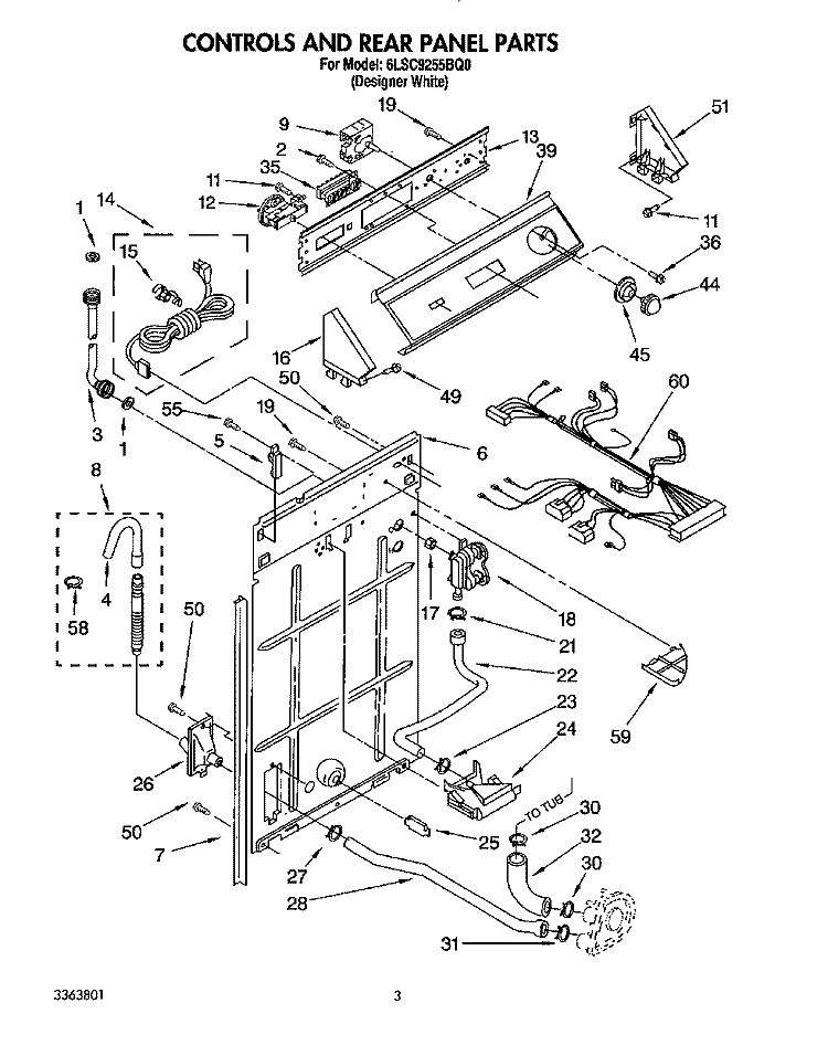 CONTROLS AND REAR PANEL Diagram and Parts List for 6LSC9255BQ0  Whirlpool Washer