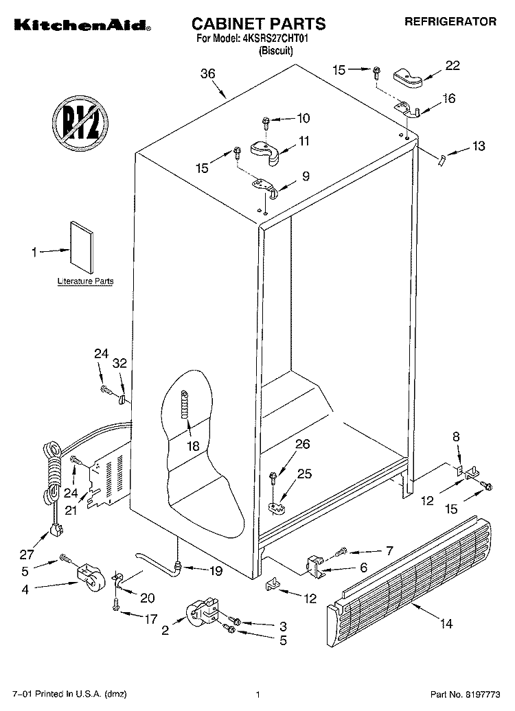 CABINET, LITERATURE Diagram and Parts List for 4KSRS27CHT01  KitchenAid Refrigerator