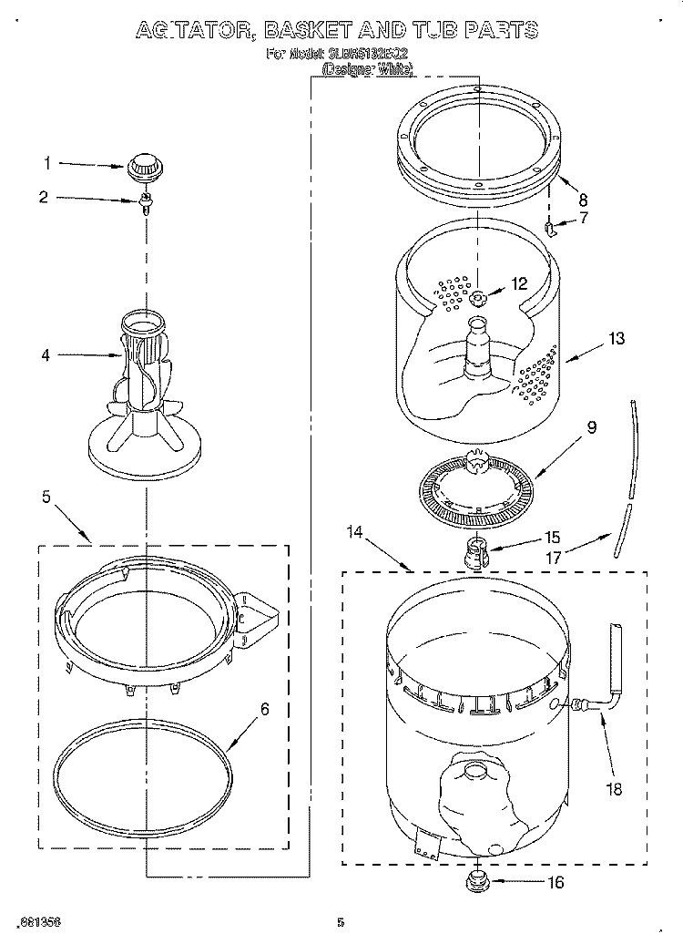 AGITATOR, BASKET AND TUB Diagram and Parts List for 6LBR5132BQ2  Whirlpool Washer
