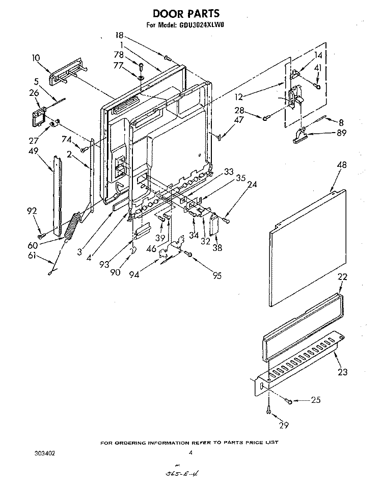 DOOR Diagram and Parts List for GDU3024XLW0  Whirlpool Dishwasher