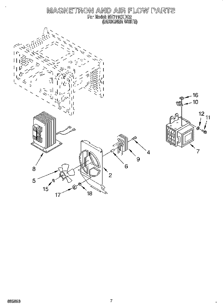 MAGNETRON AND AIR FLOW Diagram and Parts List for MT7116XDQ2  Whirlpool Microwave