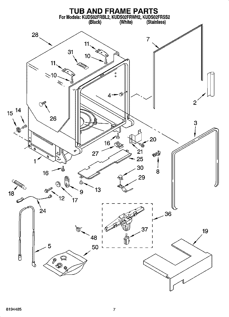 TUB AND FRAME PARTS Diagram and Parts List for KUDS02FRWH2  KitchenAid Dishwasher