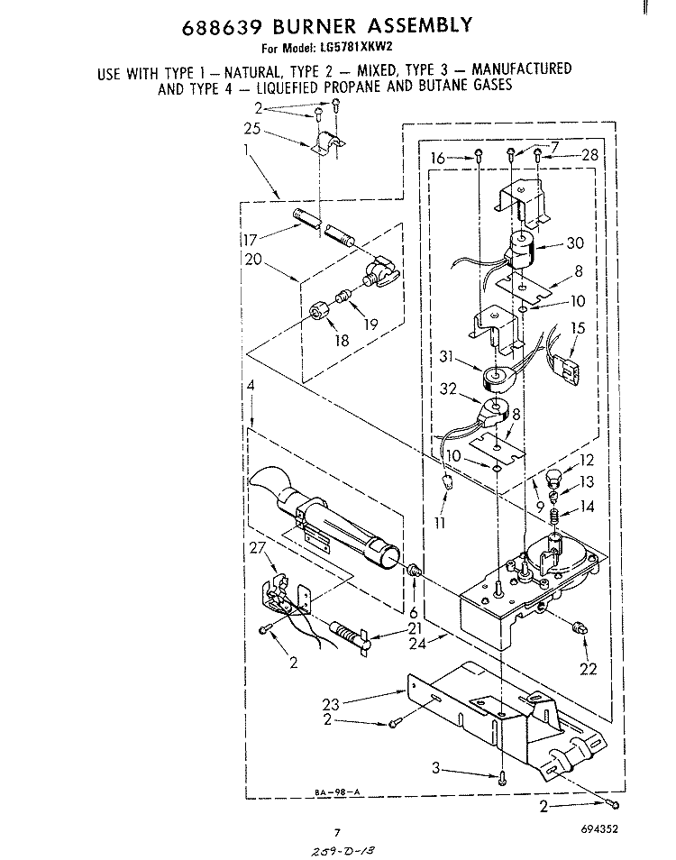688639 BURNER Diagram and Parts List for LG5781XKW2  Whirlpool Dryer