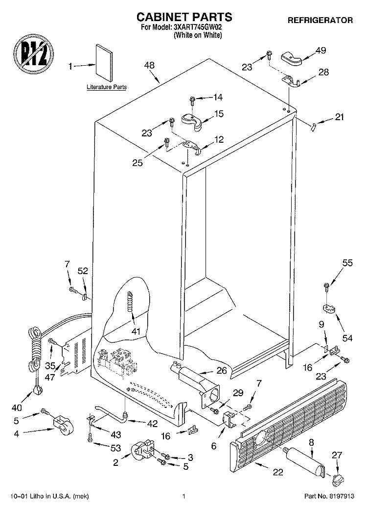 CABINET, LITERATURE Diagram and Parts List for 3XART745GW02  Whirlpool Refrigerator