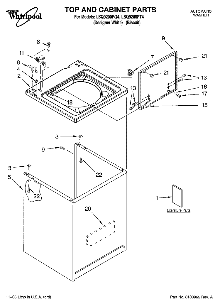 TOP AND CABINET PARTS Diagram and Parts List for LSQ9200PT4  Whirlpool Washer