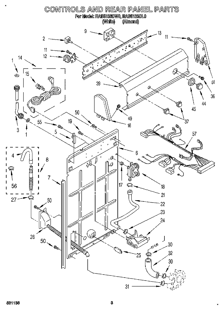 CONTROLS AND REAR PANEL Diagram and Parts List for RAB5133DL0  Roper Washer