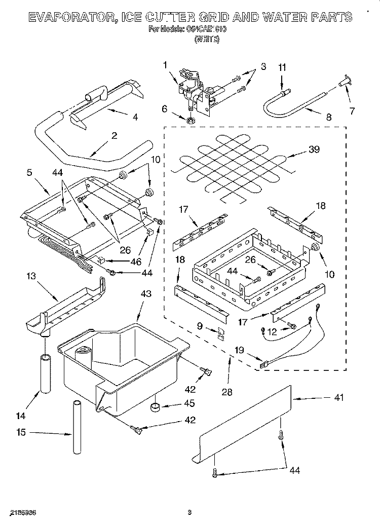 EVAPORATOR, ICE CUTTER GRID AND WATER Diagram and Parts List for O54CAE1610  Whirlpool Ice Maker