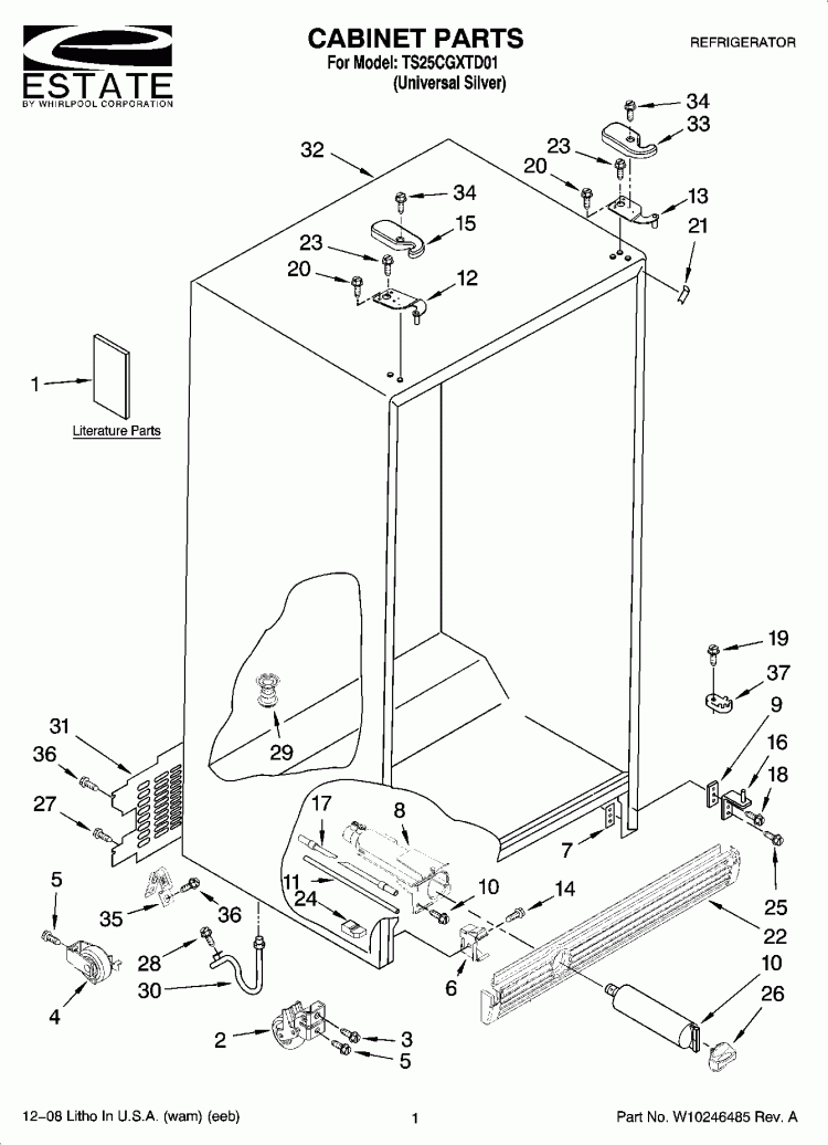 CABINET PARTS Diagram and Parts List for TS25CGXTD01  Estate Refrigerator
