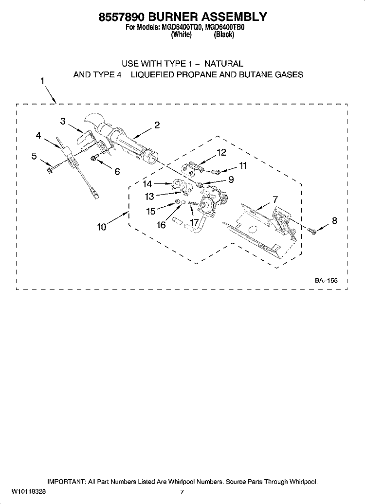 8557890 BURNER ASSEMBLY, OPTIONAL PARTS (NOT INCLUDED) Diagram and Parts List for MGD6400TQ0  Maytag Dryer